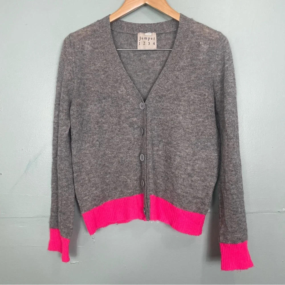 Jumper 1234 Gray and Pink Contrast Cardigan 100% Cashmere Button Down Sz Small
